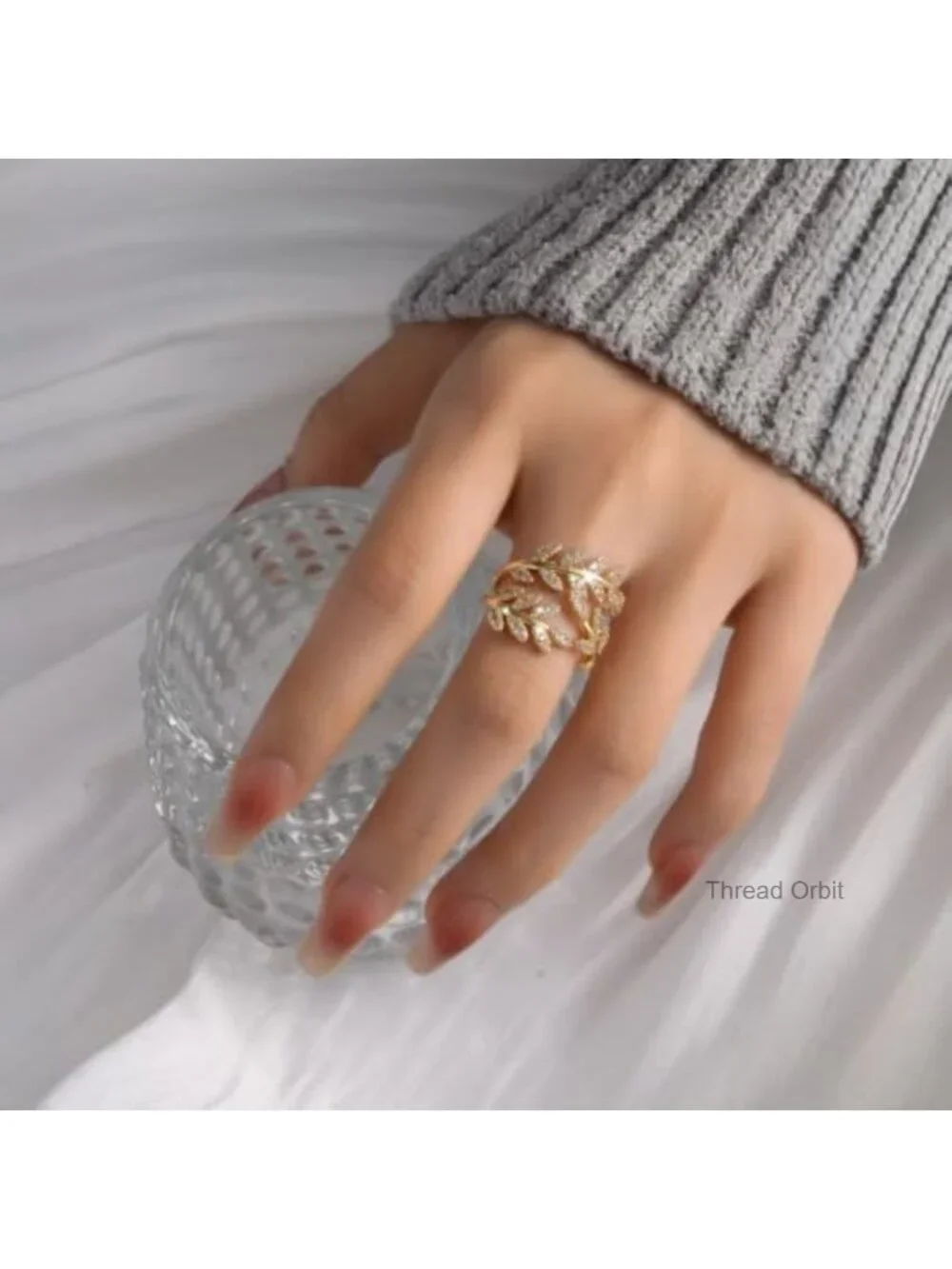 Adjustable Gold Plated Cubic Zirconia Leaf Wrap Open Ring for Women